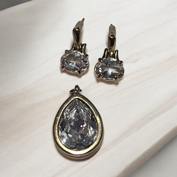 Swarovski Jewelry - Swarovski Crystal Rhinestone Earrings and Pear CZ Shaped Pendant Gold Plated